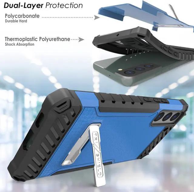 Alt view image 4 of 7 - Blue Rugged Case Cover Stand + Belt Clip Holster + Strap for Galaxy S22 Plus 5G