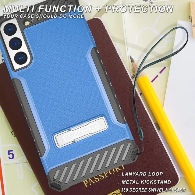Alt view image 6 of 7 - Blue Rugged Case Cover Stand + Belt Clip Holster + Strap for Galaxy S22 Plus 5G