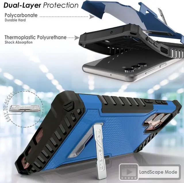 Alt view image 3 of 7 - Blue Hybrid Anti-Shock Case Cover Kickstand and Strap for Galaxy S22 Ultra 5G