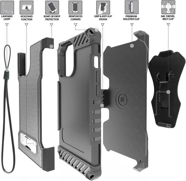 Alt view image 2 of 7 - Black Rugged Case Cover Stand + Belt Clip Holster + Strap for iPhone 13 Pro Max