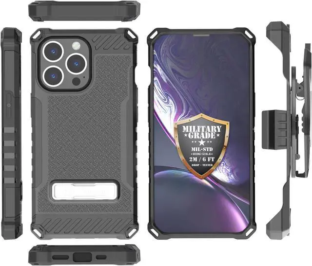 Alt view image 3 of 7 - Black Rugged Case Cover Stand + Belt Clip Holster + Strap for iPhone 13 Pro Max