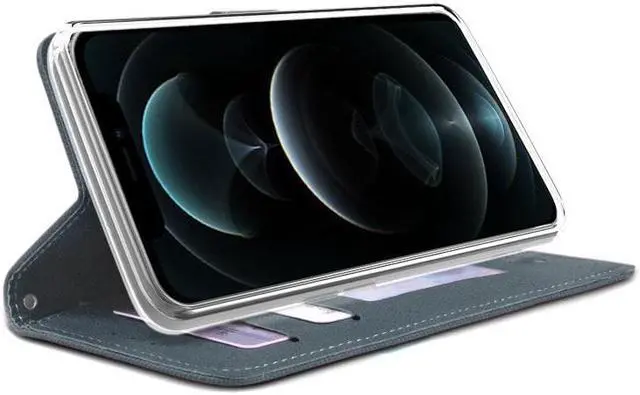 Alt view image 3 of 7 - Navy/Brown Wallet Case Credit Card ID Slot and Lanyard for iPhone 13 Pro MAX