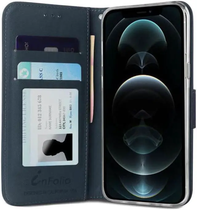 Alt view image 2 of 7 - Navy/Brown Wallet Case Credit Card ID Slot and Lanyard for iPhone 13 Pro MAX