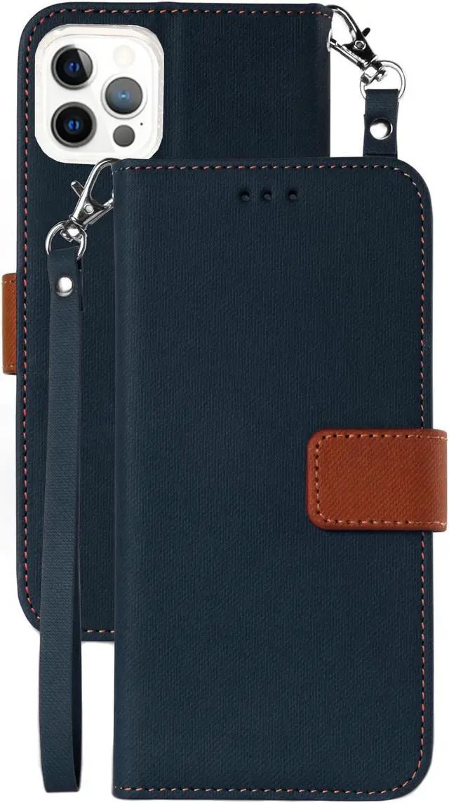Main image of Navy/Brown Wallet Case Credit Card ID Slot and Lanyard for iPhone 13 Pro MAX