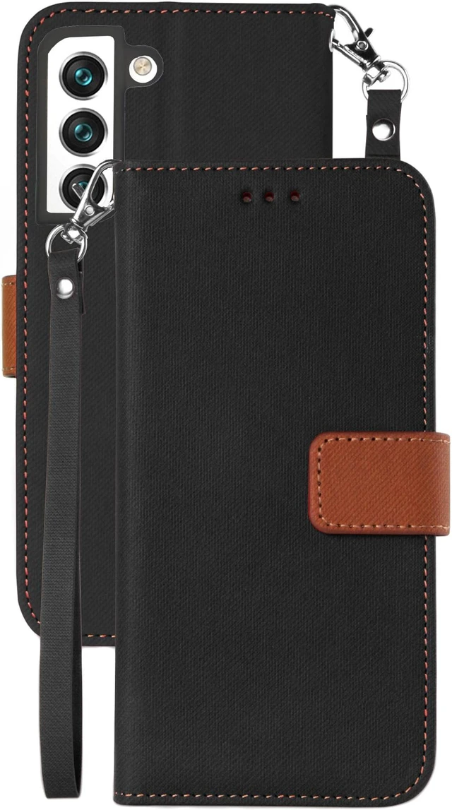 Main image of Black/Brown Wallet Case CRedit Card ID Slot and Wrist Strap for Galaxy S22 Plus