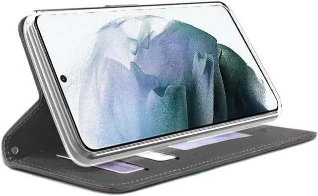 Alt view image 3 of 7 - Black/Brown Wallet Case Card ID Slot Cover and Wrist Strap for Galaxy S22 Ultra