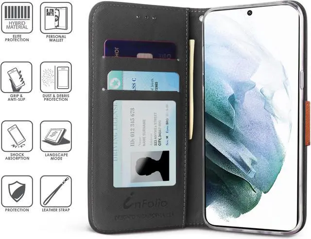 Alt view image 2 of 7 - Black/Brown Wallet Case Card ID Slot Cover and Wrist Strap for Galaxy S22 Ultra