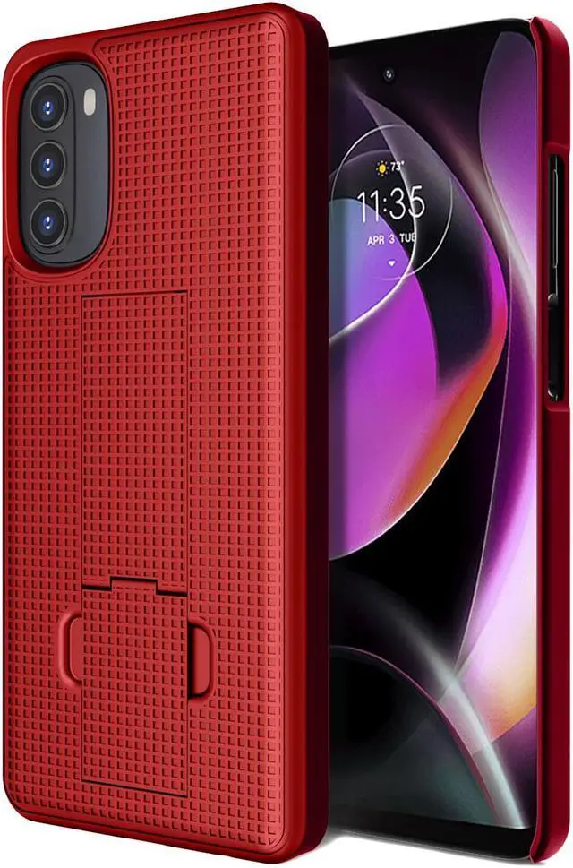 Case with Stand for Moto G 5G (2022), Nakedcellphone [Grid Texture] Slim Hard Shell Phone Cover with Kickstand for Motorola XT2213 Series - Red