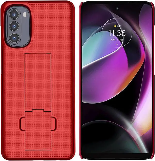 Alt view image 5 of 7 - Red Grid Texture Slim Hard Shell Case Cover Stand for Moto G 5G (2022) XT2213