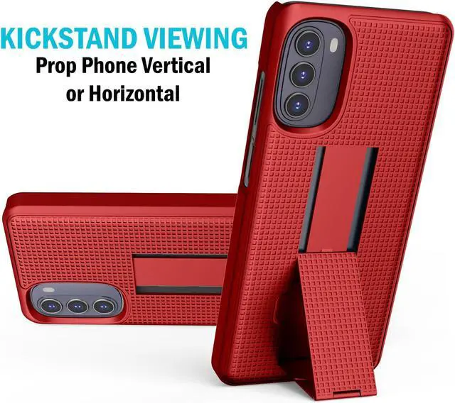 Alt view image 2 of 7 - Red Grid Texture Slim Hard Shell Case Cover Stand for Moto G 5G (2022) XT2213