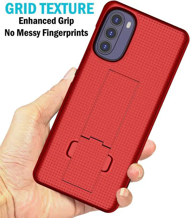 Alt view image 3 of 7 - Red Grid Texture Slim Hard Shell Case Cover Stand for Moto G 5G (2022) XT2213