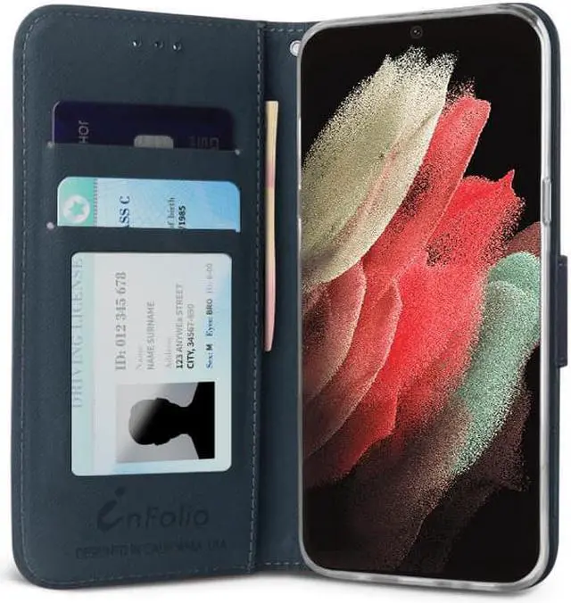Alt view image 2 of 7 - Navy/Brown Wallet Case Credit Card Slot Lanyard for Samsung Galaxy S21 Ultra 5G
