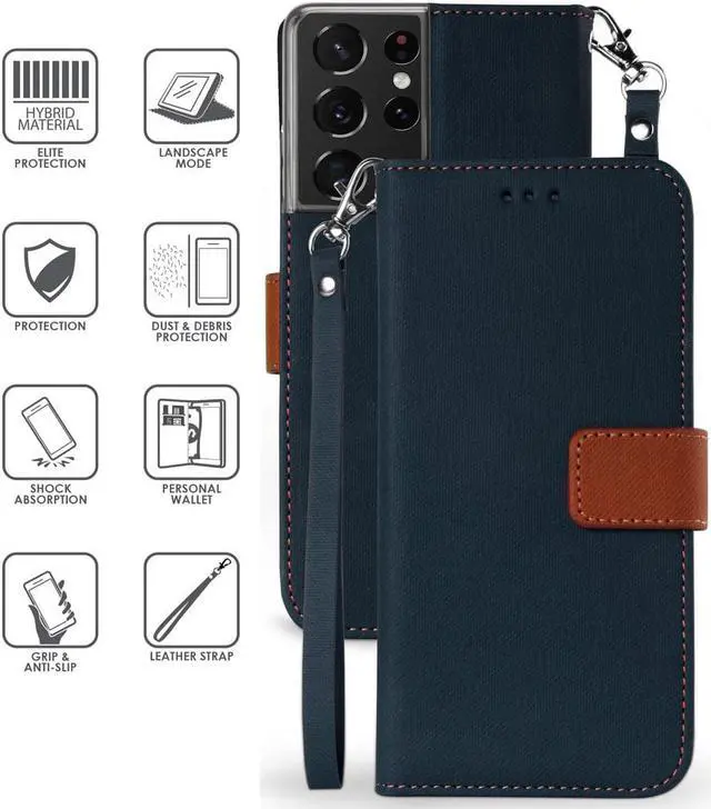 Alt view image 4 of 7 - Navy/Brown Wallet Case Credit Card Slot Lanyard for Samsung Galaxy S21 Ultra 5G
