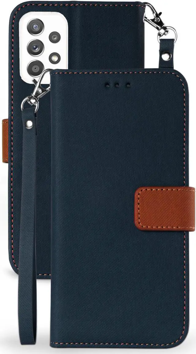 Main image of Navy/Brown Wallet Case Credit Card Slot Lanyard Strap for Samsung Galaxy A72 5G