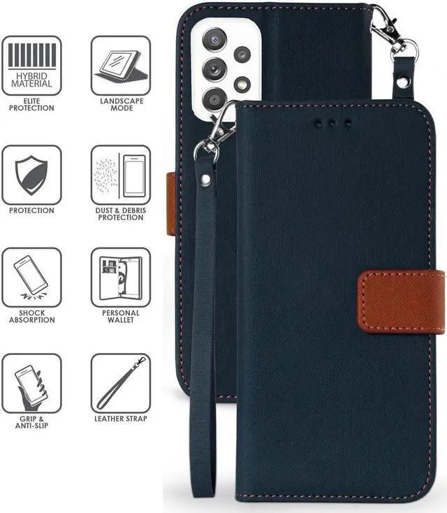 Alt view image 4 of 7 - Navy/Brown Wallet Case Credit Card Slot Lanyard Strap for Samsung Galaxy A72 5G