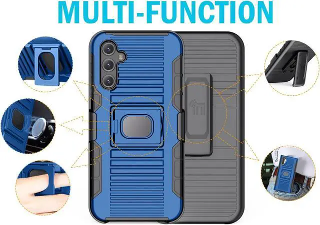 Alt view image 6 of 7 - Blue Rugged Case Stand and Belt Clip Holster for Samsung Galaxy A14 5G Phone