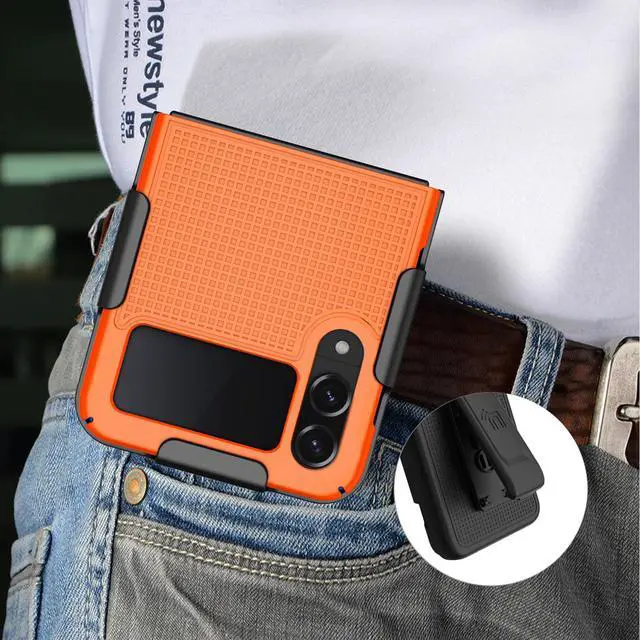 Alt view image 6 of 7 - Bright Orange Hard Case Cover and Belt Clip for Samsung Galaxy Z Flip 4 5G Phone