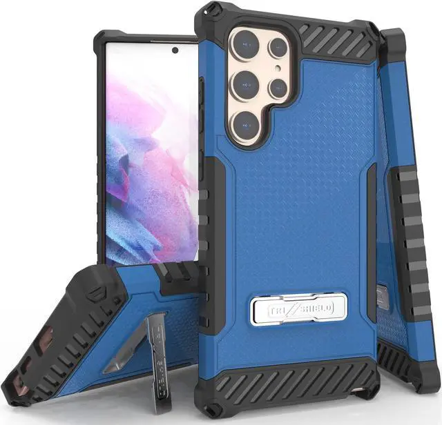 Main image of Blue Hybrid Anti-Shock Case Cover Kickstand and Strap for Galaxy S22 Ultra 5G