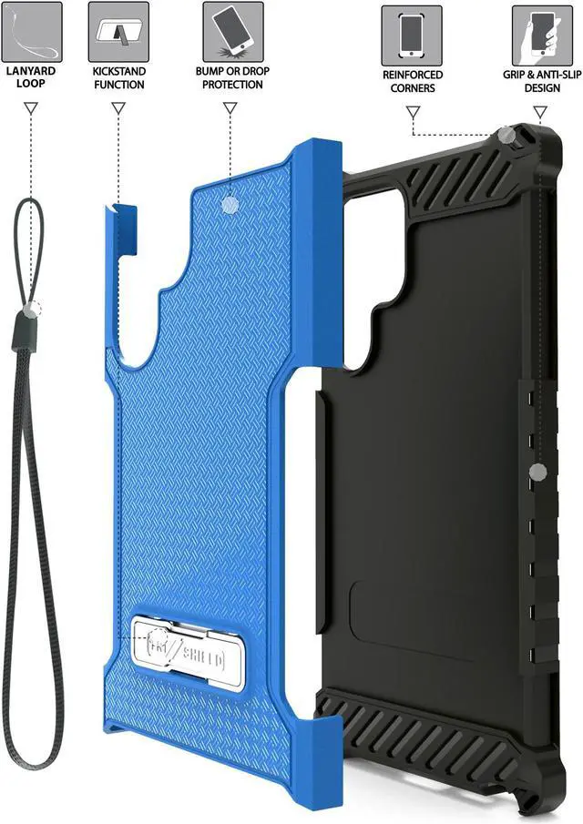Alt view image 4 of 7 - Blue Hybrid Anti-Shock Case Cover Kickstand and Strap for Galaxy S22 Ultra 5G