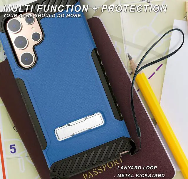 Alt view image 6 of 7 - Blue Hybrid Anti-Shock Case Cover Kickstand and Strap for Galaxy S22 Ultra 5G