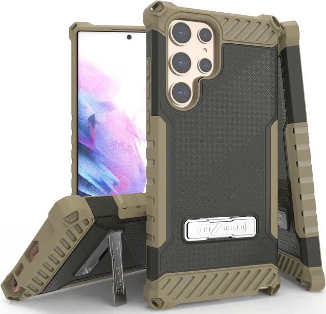 Main image of Brown Hybrid Anti-Shock Case Cover Kickstand and Strap for Galaxy S22 Ultra 5G
