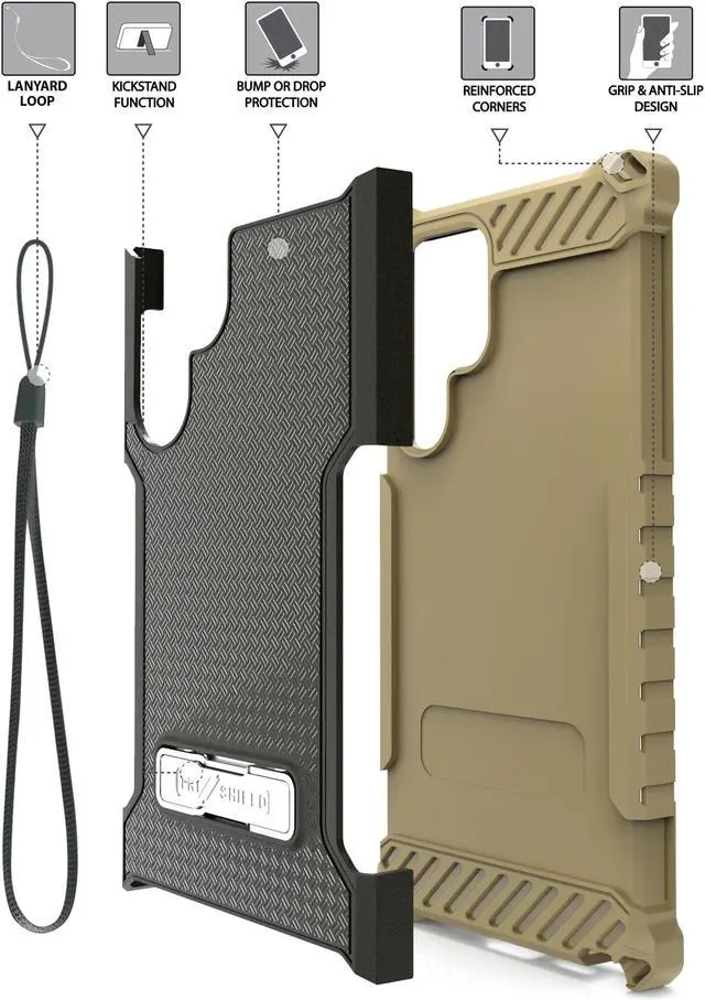 Alt view image 4 of 7 - Brown Hybrid Anti-Shock Case Cover Kickstand and Strap for Galaxy S22 Ultra 5G