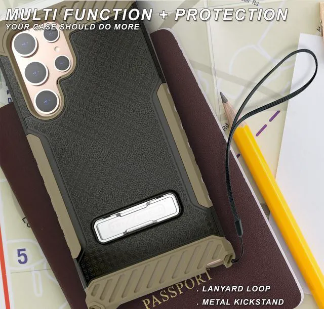 Alt view image 6 of 7 - Brown Hybrid Anti-Shock Case Cover Kickstand and Strap for Galaxy S22 Ultra 5G