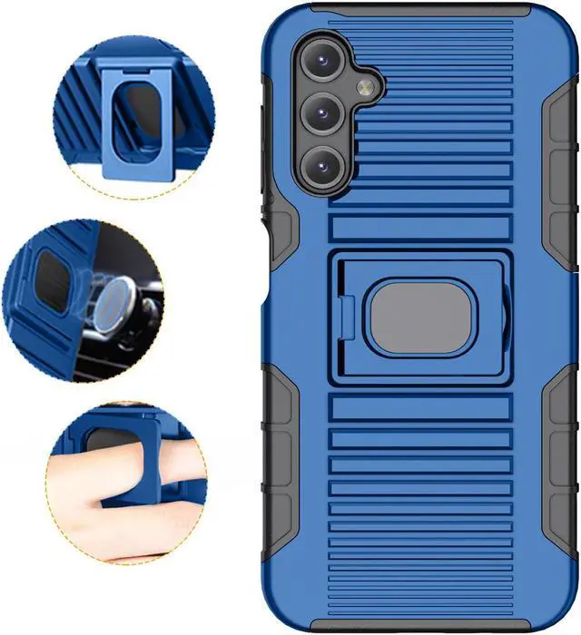 Alt view image 7 of 7 - Blue Rugged Case with Ring Grip Stand for Samsung Galaxy A14 5G Phone