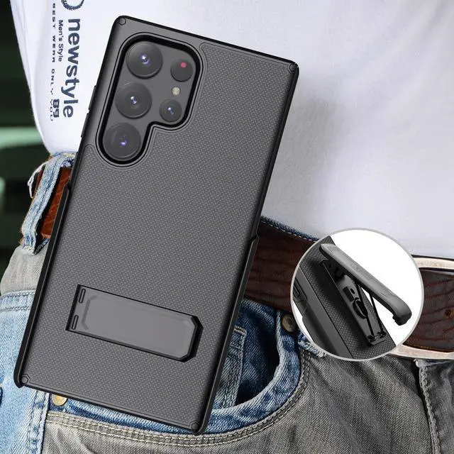 Alt view image 7 of 7 - Hybrid Case w/ Stand and Belt Clip Holster Combo for Galaxy S24 Ultra - Black