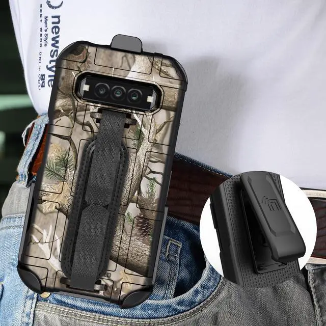 Alt view image 7 of 7 - Rugged Case + Hand Strap + Belt Clip for Kyocera DuraForce Pro 3 - Camo Tree