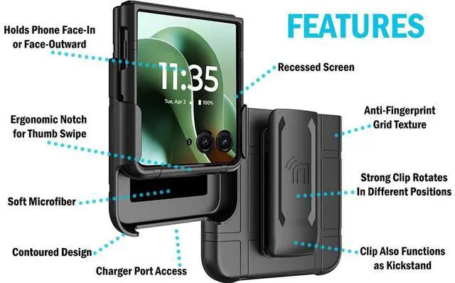 Alt view image 7 of 7 - Hard Case and Belt Clip Holster for Motorola RAZR ULTRA 2025 - Matte Black