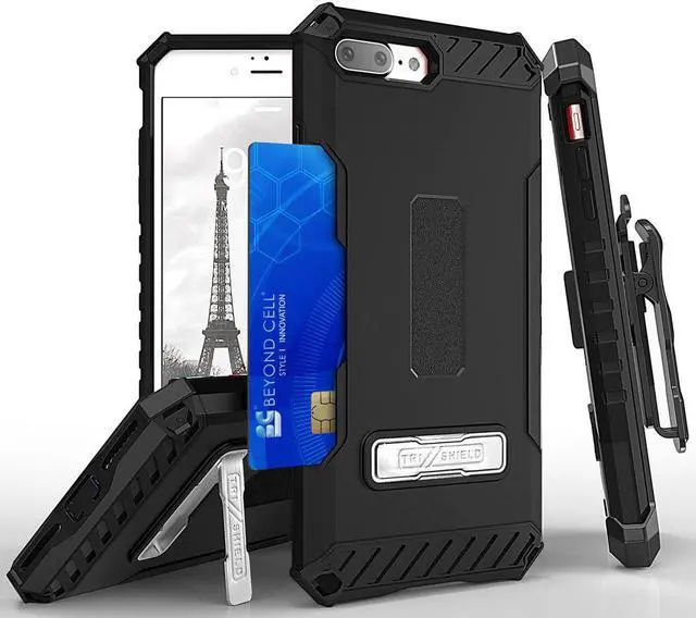 Main image of BLACK TRI-SHIELD RUGGED CASE + BELT CLIP HOLSTER STRAP STAND FOR iPHONE 7/8 PLUS