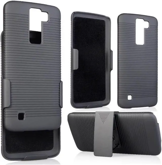Main image of BLACK RIBBED HARD CASE + BELT CLIP HOLSTER STAND FOR LG PHOENIX-2, K8, ESCAPE-3