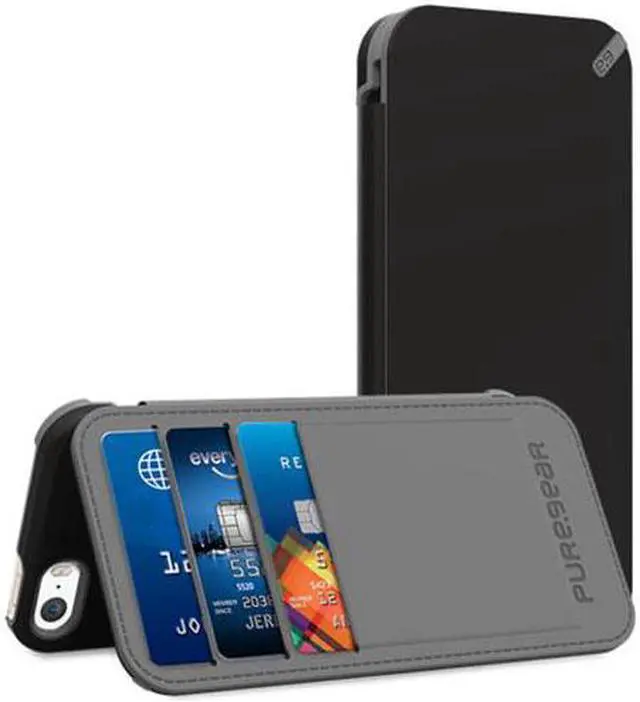 Alt view image 2 of 6 - PUREGEAR BLACK FOLIO WALLET CASE COVER CARD SLOT STAND FOR iPHONE 5 5s SE (2016)