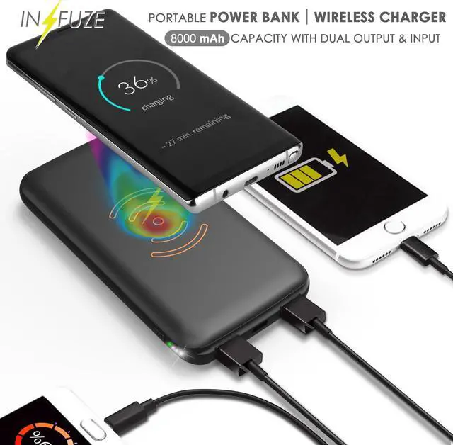 Alt view image 2 of 6 - BLACK QI WIRELESS CHARGER PAD 8000mAh PORTABLE BATTERY POWER BANK FOR CELL PHONE
