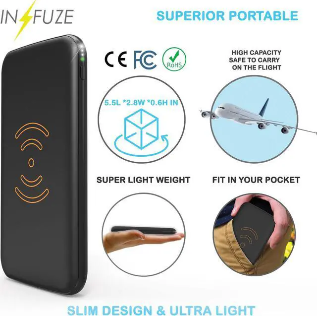Alt view image 6 of 6 - BLACK QI WIRELESS CHARGER PAD 8000mAh PORTABLE BATTERY POWER BANK FOR CELL PHONE