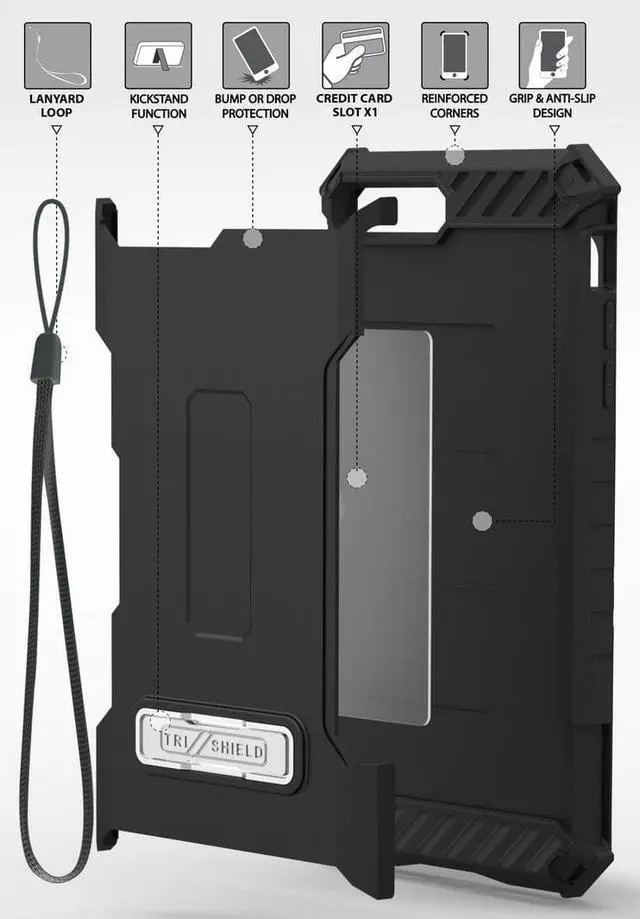 Alt view image 3 of 6 - Black Tri-Shield Rugged Case Credit Card Slot and Strap for iPhone SE 2022/2020