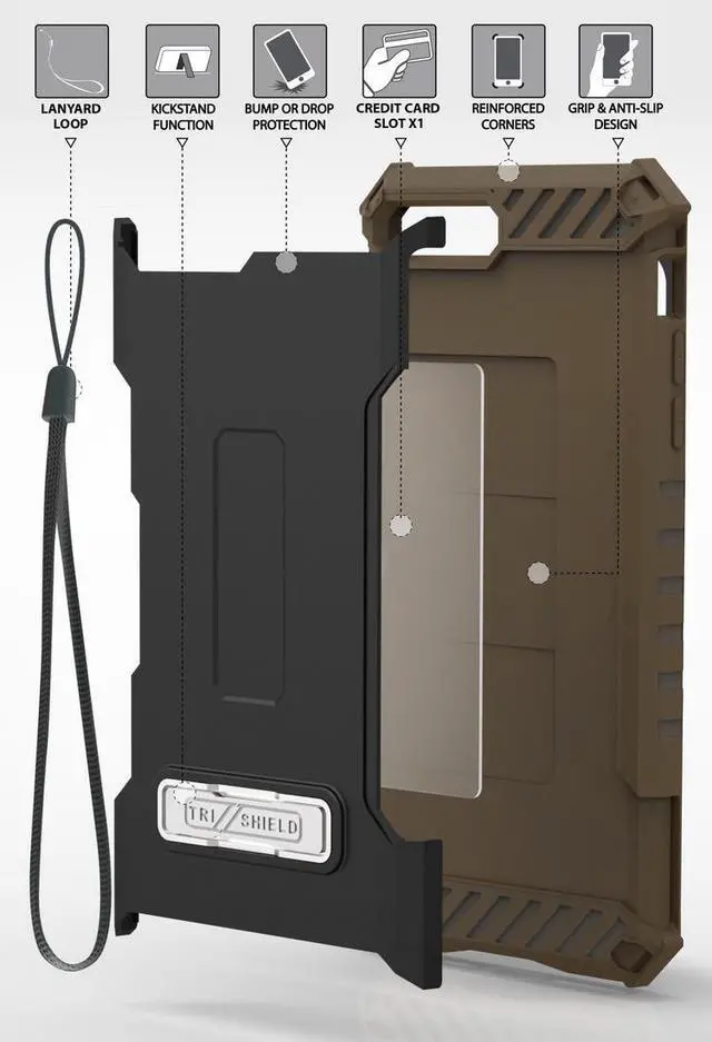 Alt view image 3 of 6 - Brown Tri-Shield Case Wallet Card Slot Cover and Strap for iPhone SE 2022/2020