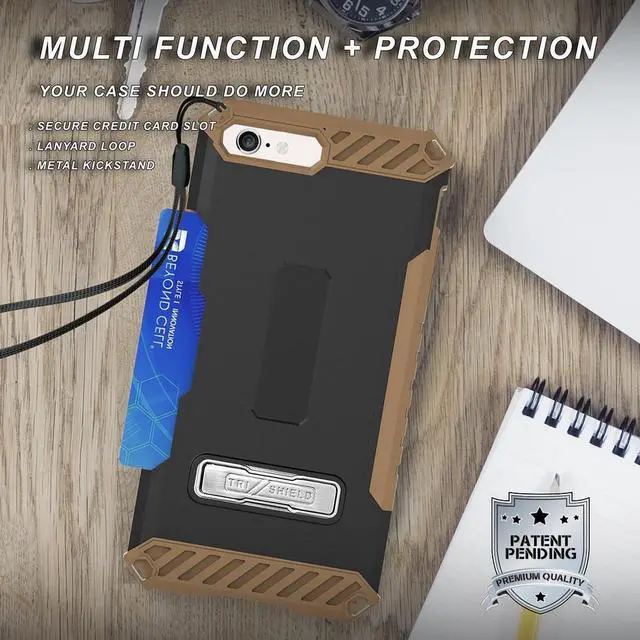 Alt view image 4 of 6 - Brown Tri-Shield Case Wallet Card Slot Cover and Strap for iPhone SE 2022/2020