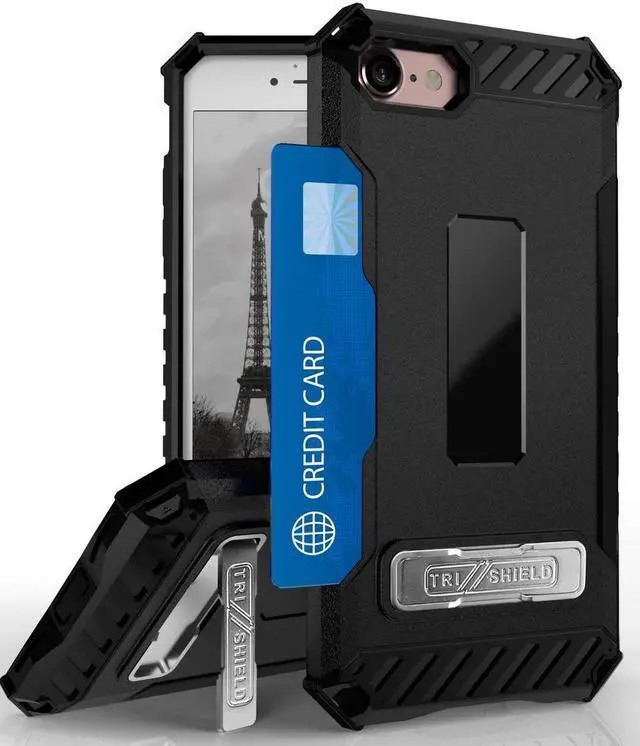 Main image of Black Tri-Shield Rugged Case Credit Card Slot and Strap for iPhone SE 2022/2020