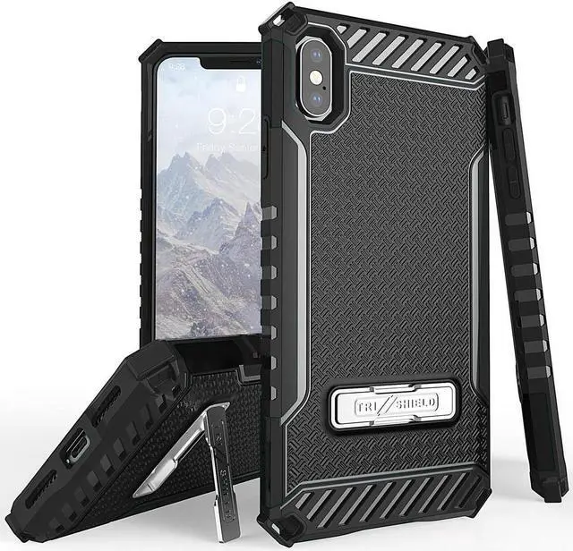 Main image of Black Tri-Shield Rugged Case Cover Metal Stand + Strap for Apple iPhone Xs Max