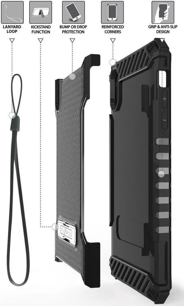 Alt view image 5 of 6 - Black Tri-Shield Rugged Case Cover Metal Stand + Strap for Apple iPhone Xs Max
