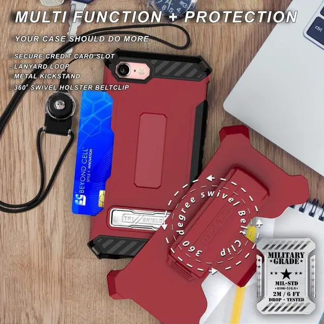 Alt view image 3 of 7 - Burgundy Rugged Case Stand Card Slot Cover and Belt Clip for iPhone SE 2022/2020