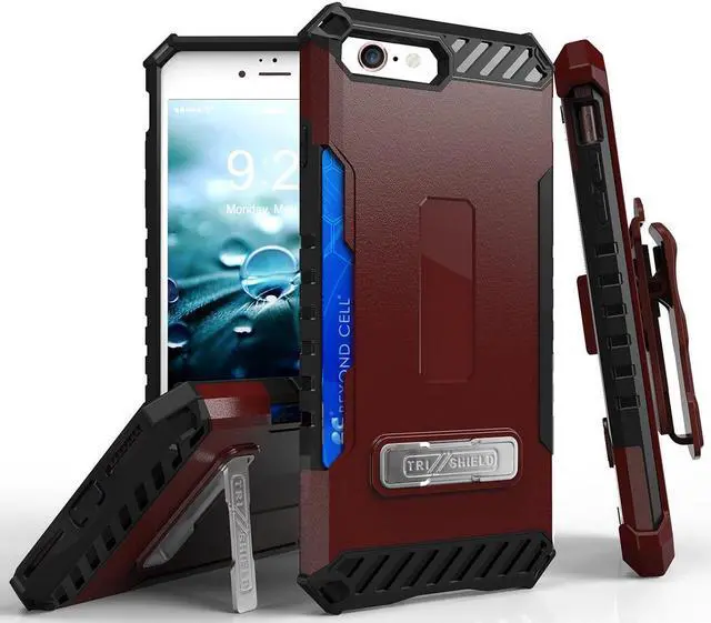 Main image of Burgundy Rugged Case Stand Card Slot Cover and Belt Clip for iPhone SE 2022/2020