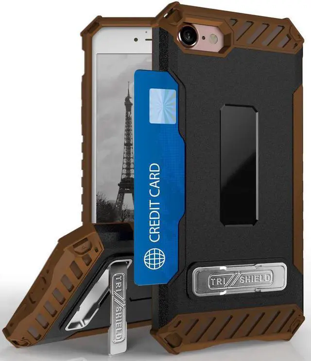 Main image of Brown Tri-Shield Case Wallet Card Slot Cover and Strap for iPhone SE 2022/2020