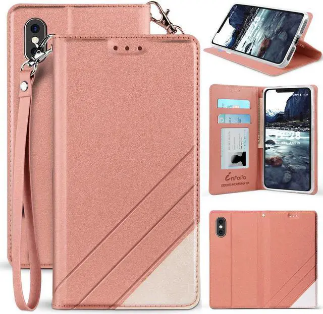 Main image of Rose Gold Wallet Case Slot Cover Stand Wrist Strap for Apple iPhone Xs Max 6.5"