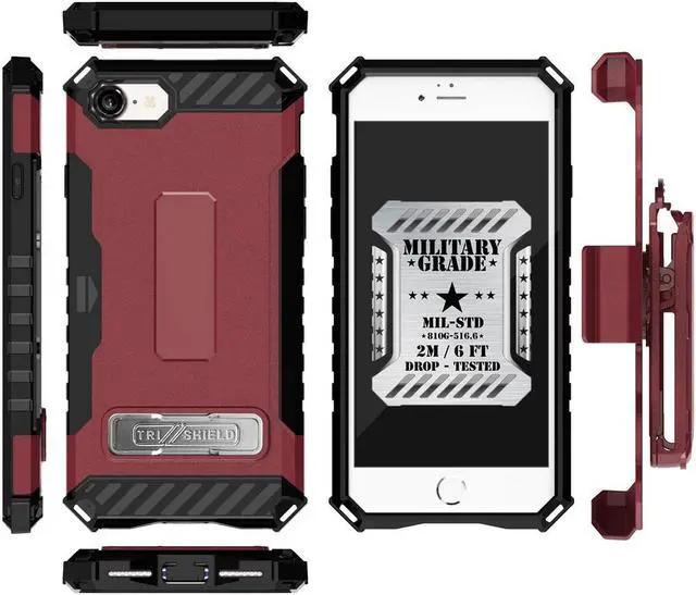 Alt view image 6 of 7 - Burgundy Rugged Case Stand Card Slot Cover and Belt Clip for iPhone SE 2022/2020