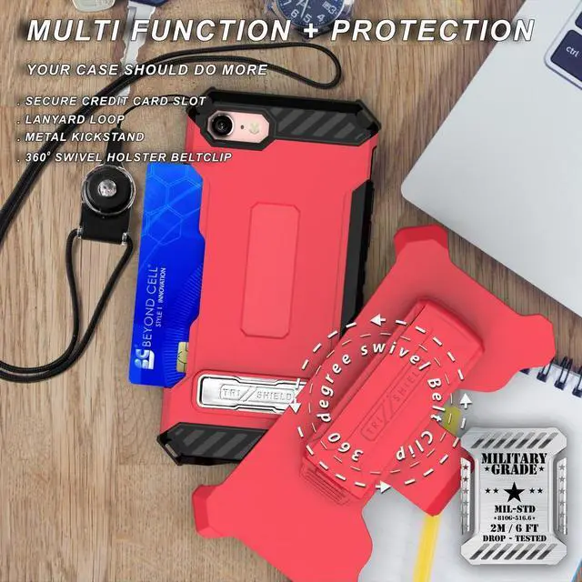 Alt view image 3 of 7 - Hot Pink Case Stand Credit Card Slot Cover and Holster for iPhone SE 2022/2020