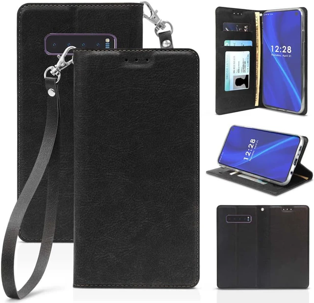 Main image of Black Wallet Case Credit Card Slot + Wrist Strap for Samsung Galaxy S10 Plus