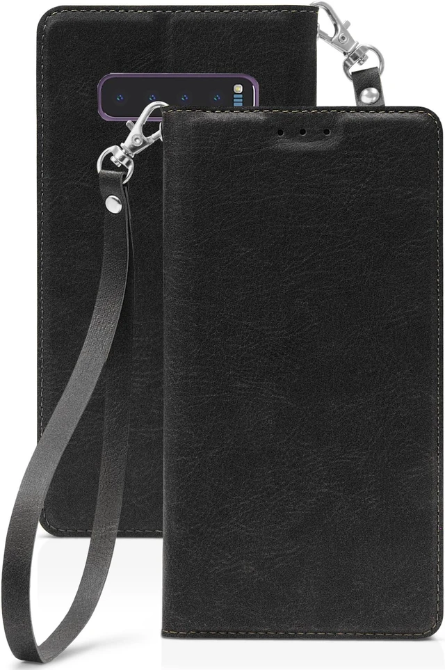 Alt view image 2 of 7 - Black Wallet Case Credit Card Slot + Wrist Strap for Samsung Galaxy S10 Plus